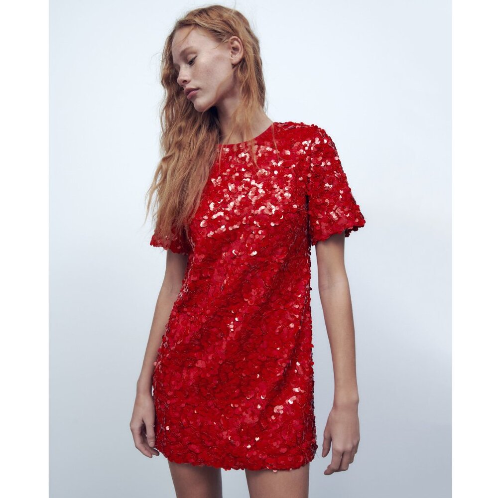 ZARA Limited Edition Red Sequin& Beads Mini Dress New